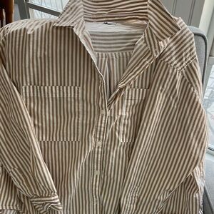 Old Navy tan and white stripe shirt